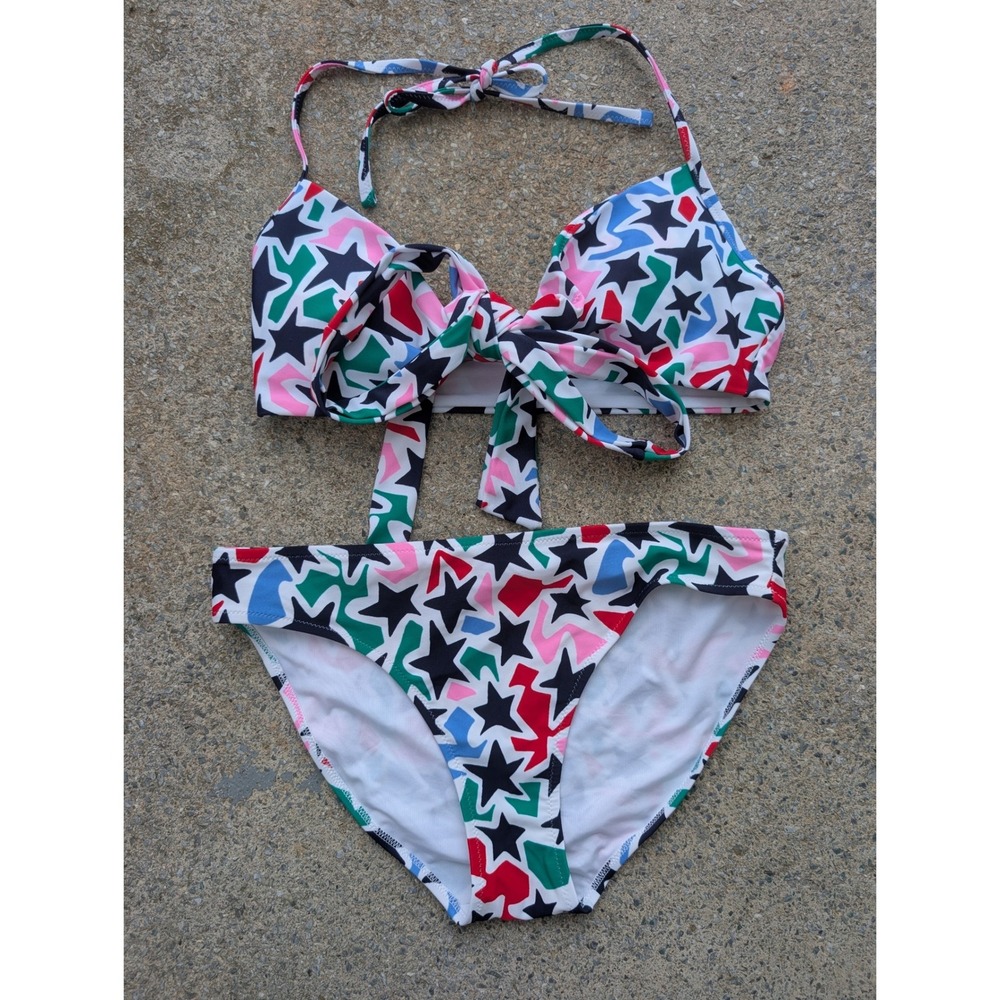 Aerie Womens Multi Color Star Print Halter Front Tie Bikini Set Medium